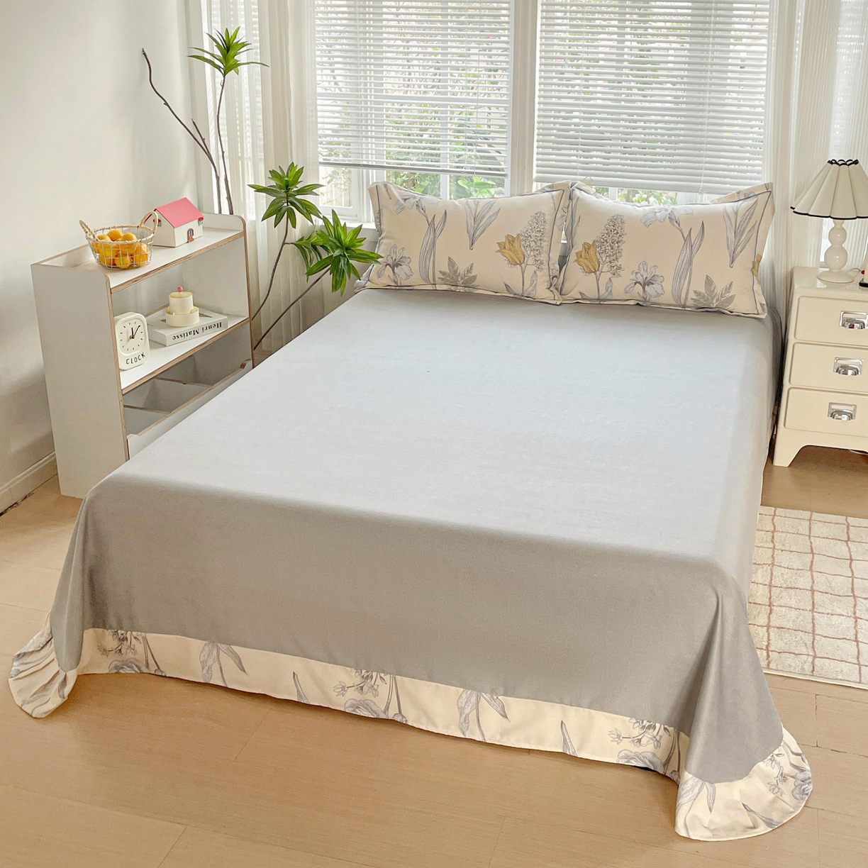 91家纺网 家纺一手货源 找家纺 纽缦家纺 2025新款全棉纯棉磨毛印花四件套 且听风铃灰