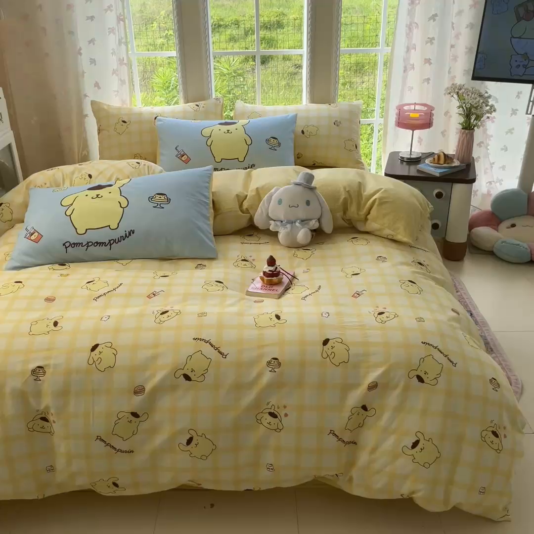 91家纺网 家纺一手货源 找家纺 金爱家2025新款三丽鸥正版授权卡通数码印花混搭纯棉印花系列四件套 棉三丽鸥-混搭焦糖布丁狗