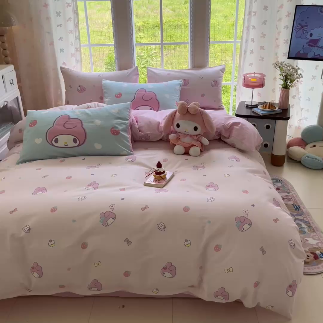 91家纺网 家纺一手货源 找家纺 金爱家2025新款三丽鸥正版授权卡通数码印花混搭纯棉印花系列四件套 棉三丽鸥-混搭可可美乐蒂