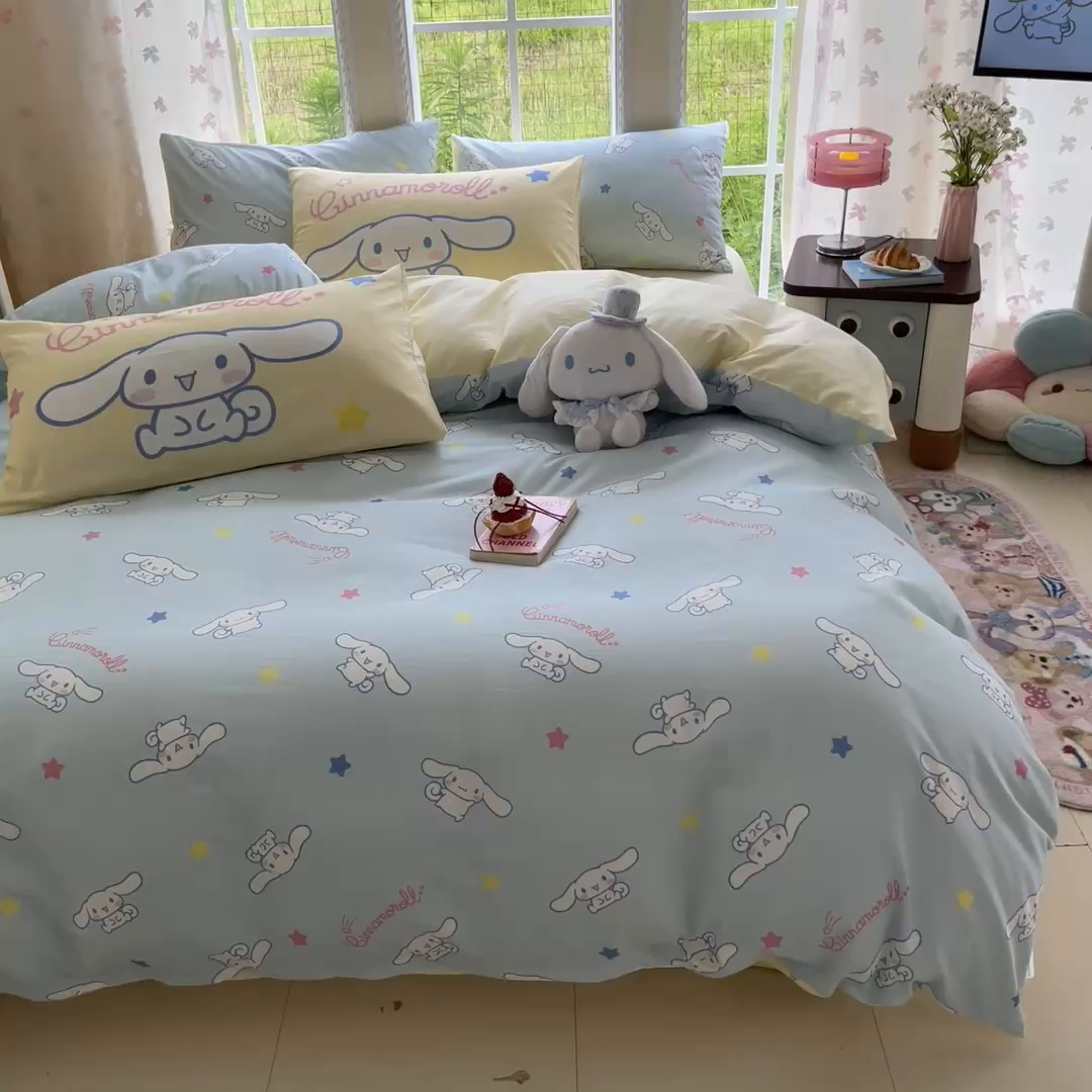 91家纺网 家纺一手货源 找家纺 金爱家2025新款三丽鸥正版授权卡通数码印花混搭纯棉印花系列四件套 棉三丽鸥-混搭星星玉桂狗