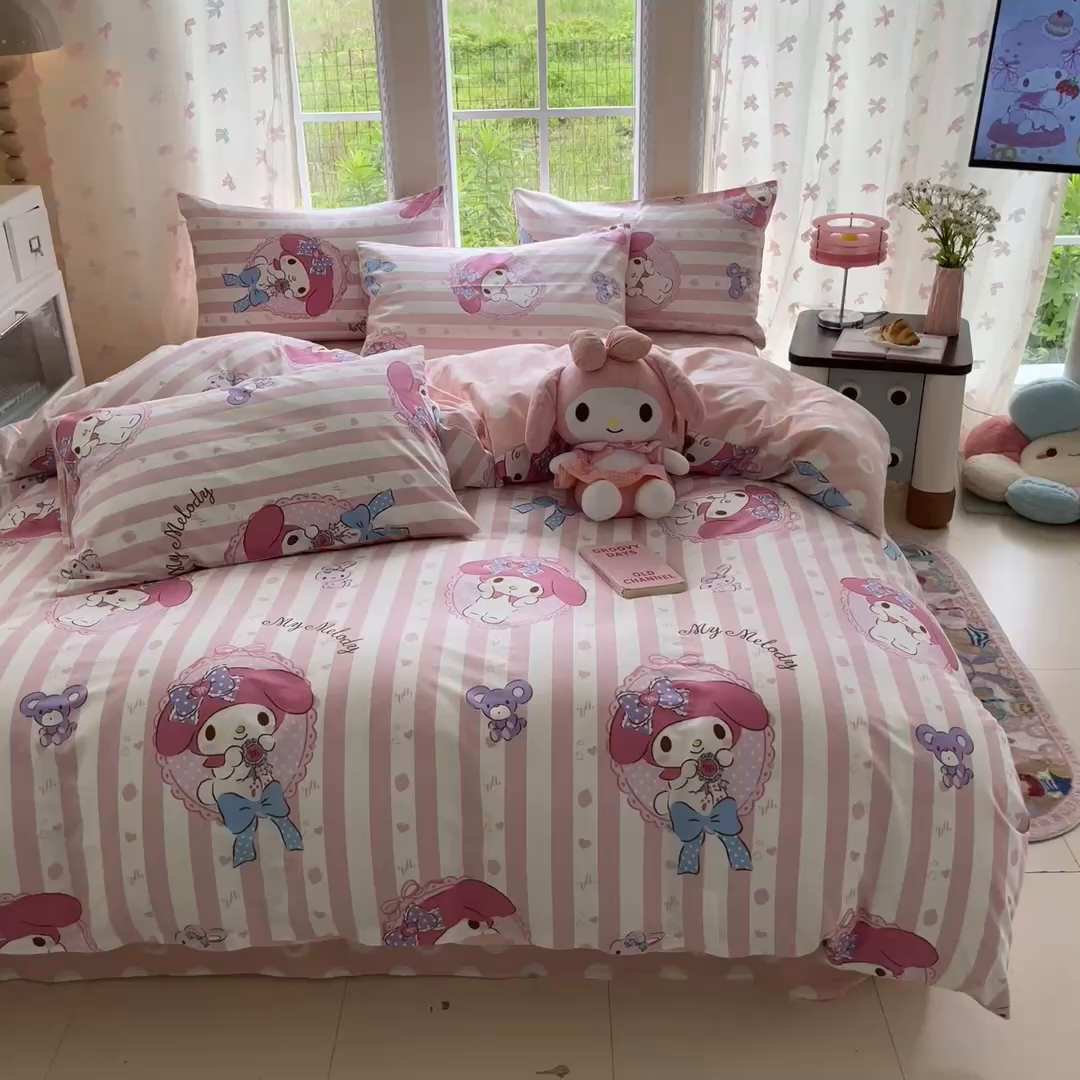 91家纺网 家纺一手货源 找家纺 金爱家2025新款三丽鸥正版授权卡通数码印花混搭纯棉印花系列四件套 棉三丽鸥-甜甜美乐蒂