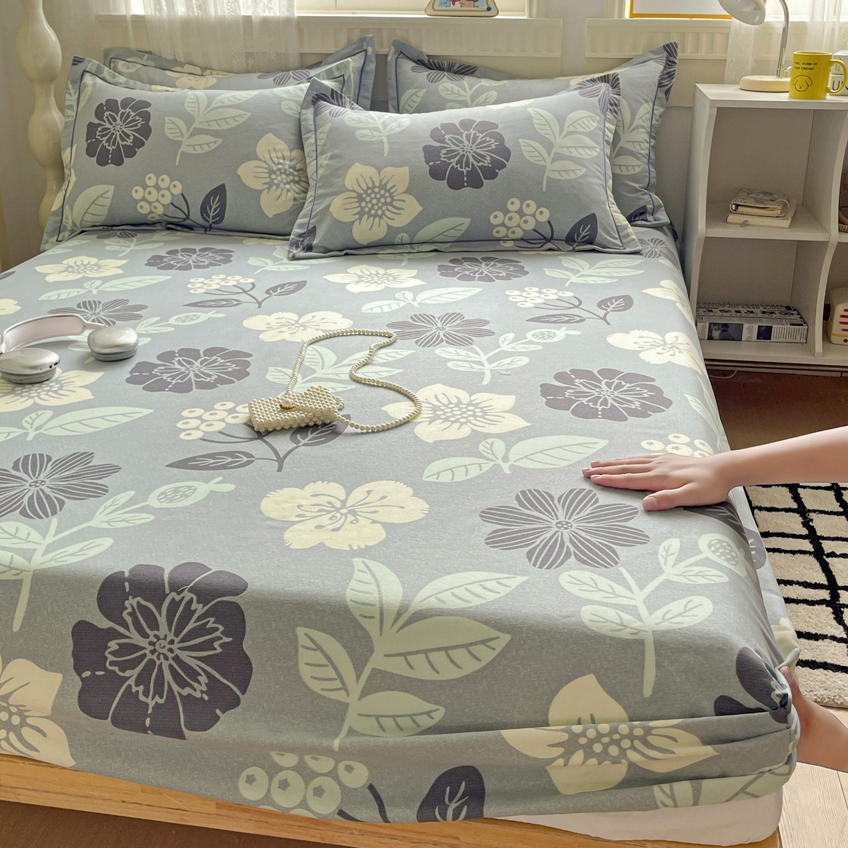 91家纺网 家纺一手货源 找家纺 纽缦家纺 2025新款全棉纯棉磨毛印花单床笠 床笠单件 清风微甜蓝