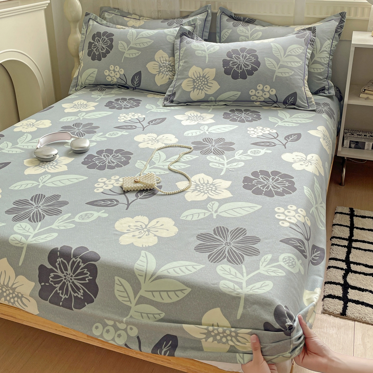 91家纺网 家纺一手货源 找家纺 纽缦家纺 2025新款全棉纯棉磨毛印花单床笠 床笠单件 清风微甜蓝