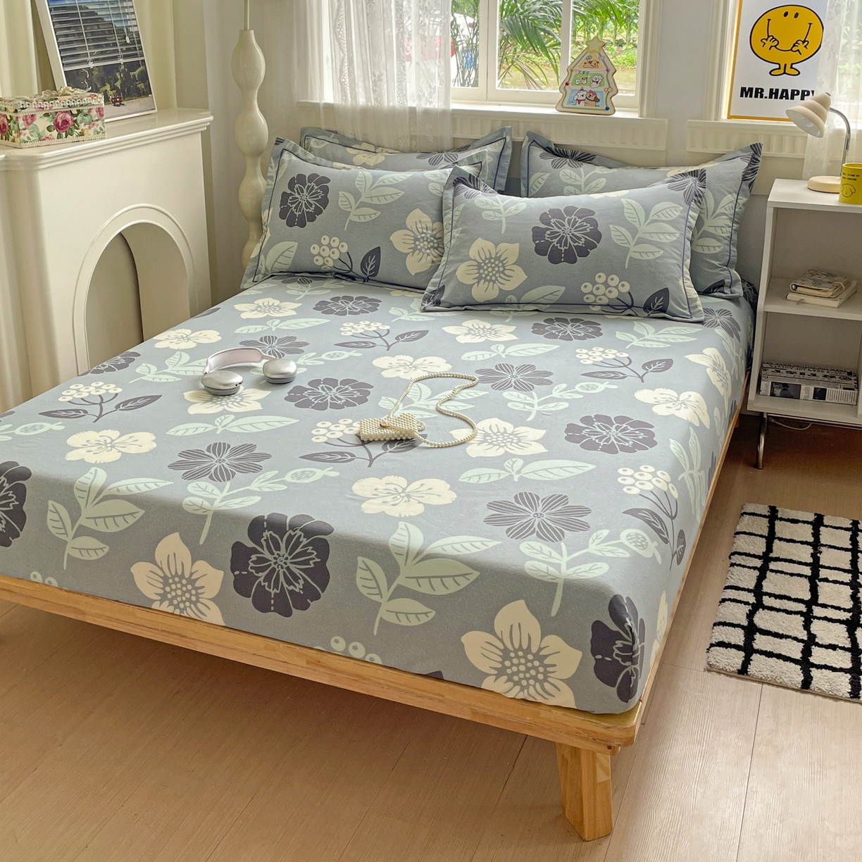 91家纺网 家纺一手货源 找家纺 纽缦家纺 2025新款全棉纯棉磨毛印花单床笠 床笠单件 清风微甜蓝