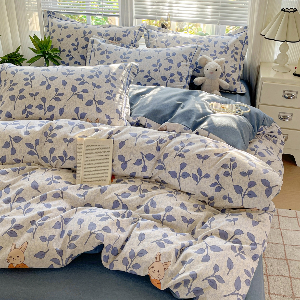 纽缦家纺 2025新款全棉纯棉磨毛印花四件套 童画小兔