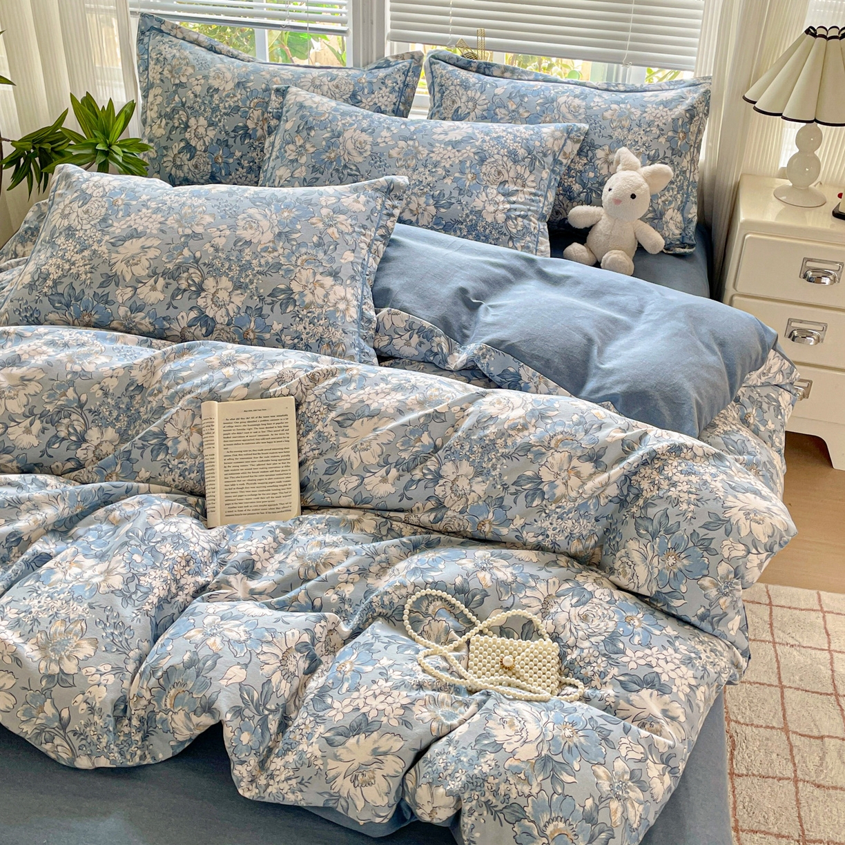 纽缦家纺 2025新款全棉纯棉磨毛印花四件套 雅汐蓝