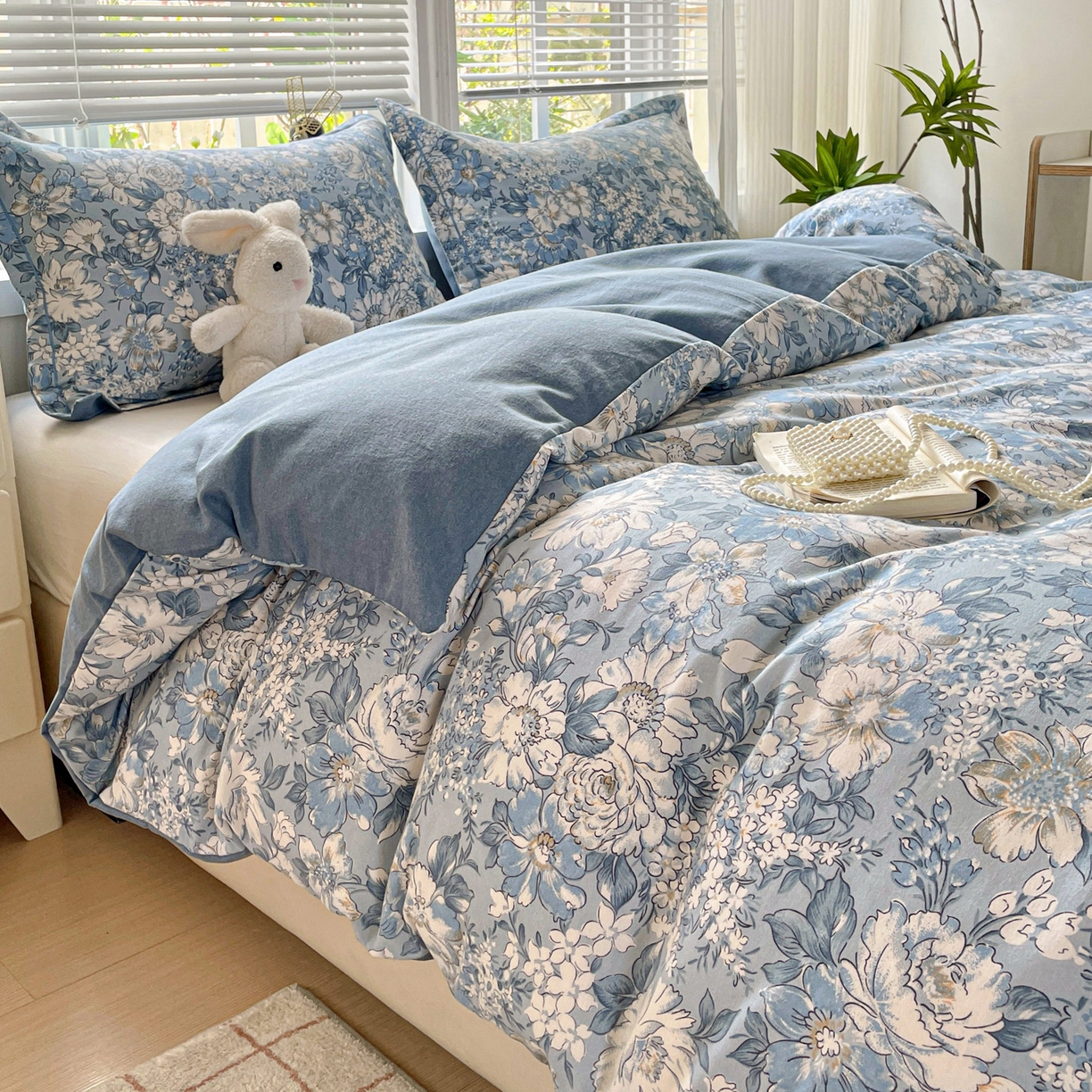 91家纺网 家纺一手货源 找家纺 纽缦家纺 2025新款全棉纯棉磨毛印花四件套 雅汐蓝