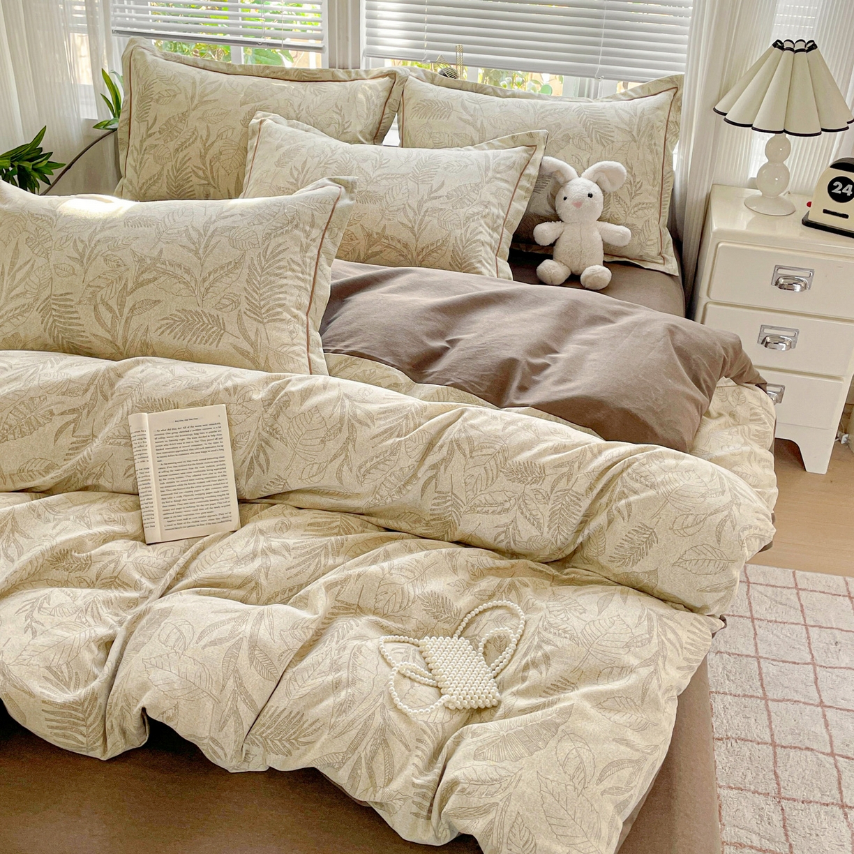 纽缦家纺 2025新款全棉纯棉磨毛印花四件套 叶之舞咖