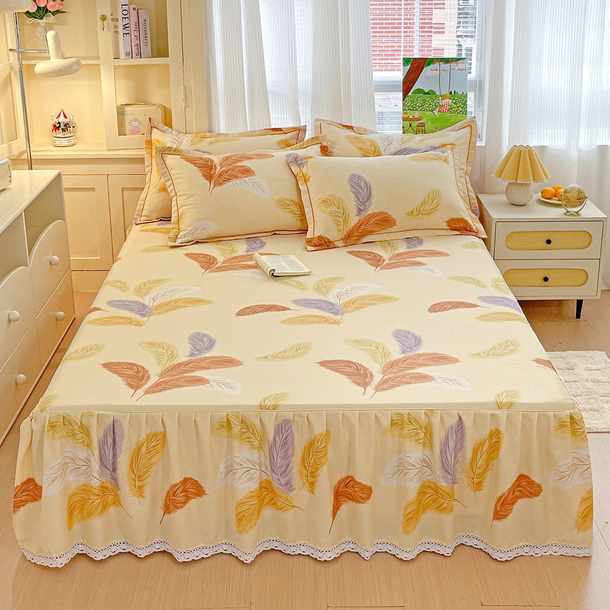 91家纺网 家纺一手货源 找家纺 纽缦家纺 2025新款全棉纯棉磨毛印花单品床裙 床裙单件 加州阳光米