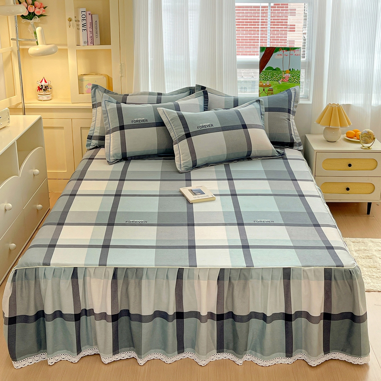 91家纺网 家纺一手货源 找家纺 纽缦家纺 2025新款全棉纯棉磨毛印花单品床裙 床裙单件 曼迪蓝