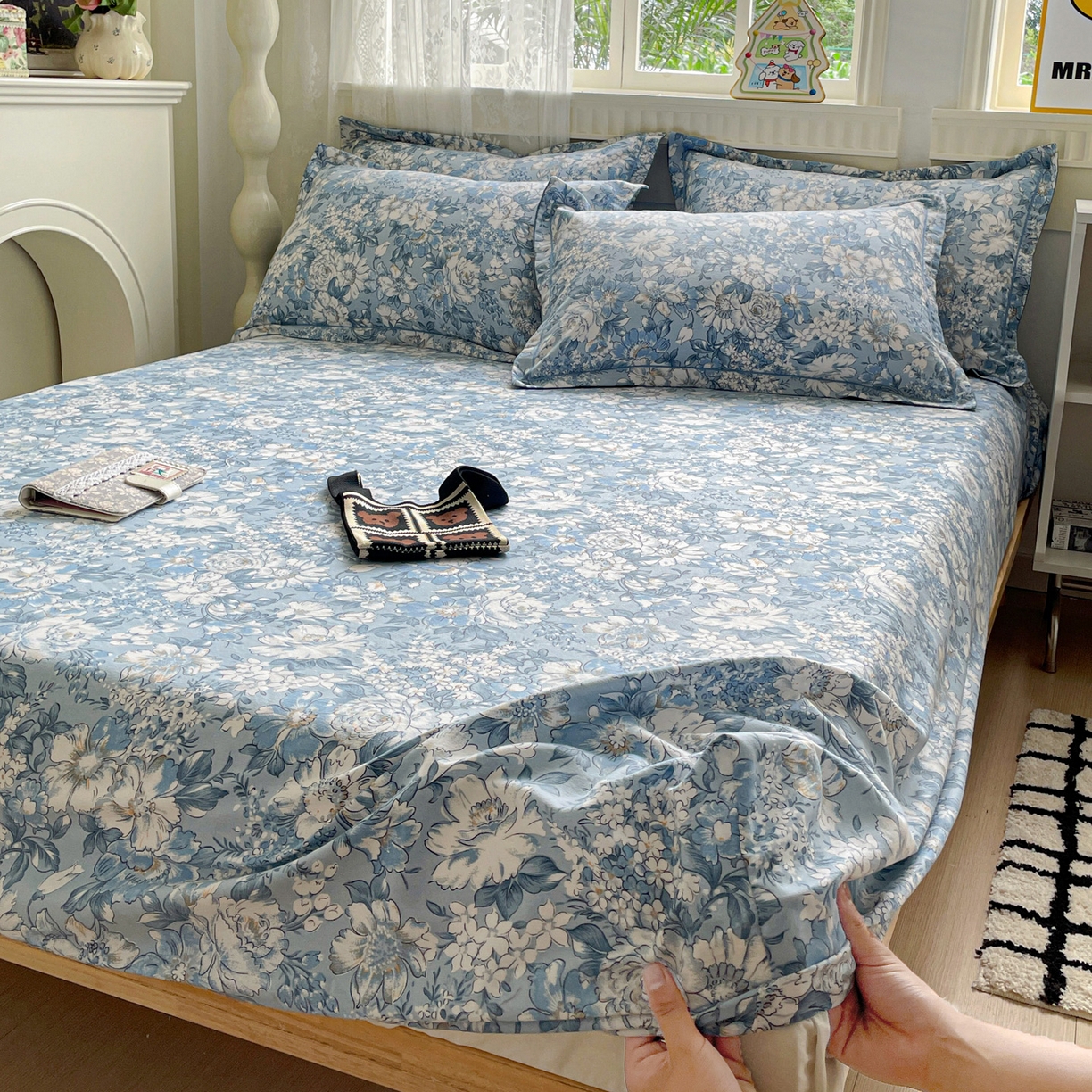 91家纺网 家纺一手货源 找家纺 纽缦家纺 2025新款全棉纯棉磨毛印花单床笠 床笠单件 雅汐蓝