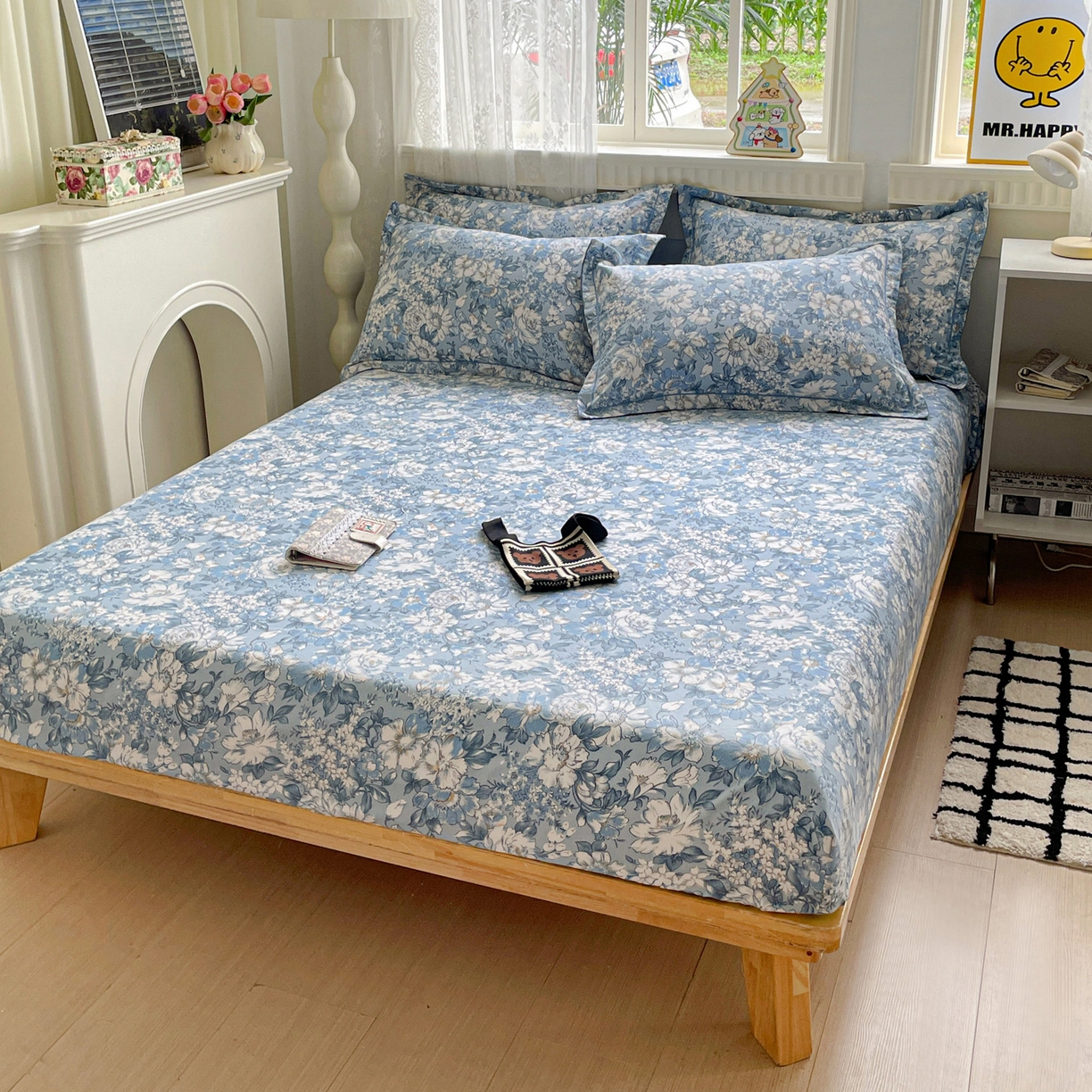 91家纺网 家纺一手货源 找家纺 纽缦家纺 2025新款全棉纯棉磨毛印花单床笠 床笠单件 雅汐蓝