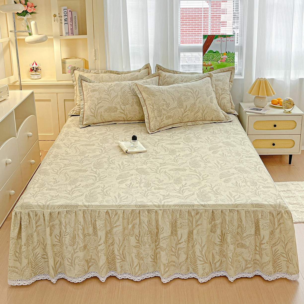 91家纺网 家纺一手货源 找家纺 纽缦家纺 2025新款全棉纯棉磨毛印花单品床裙 床裙单件 叶之舞咖