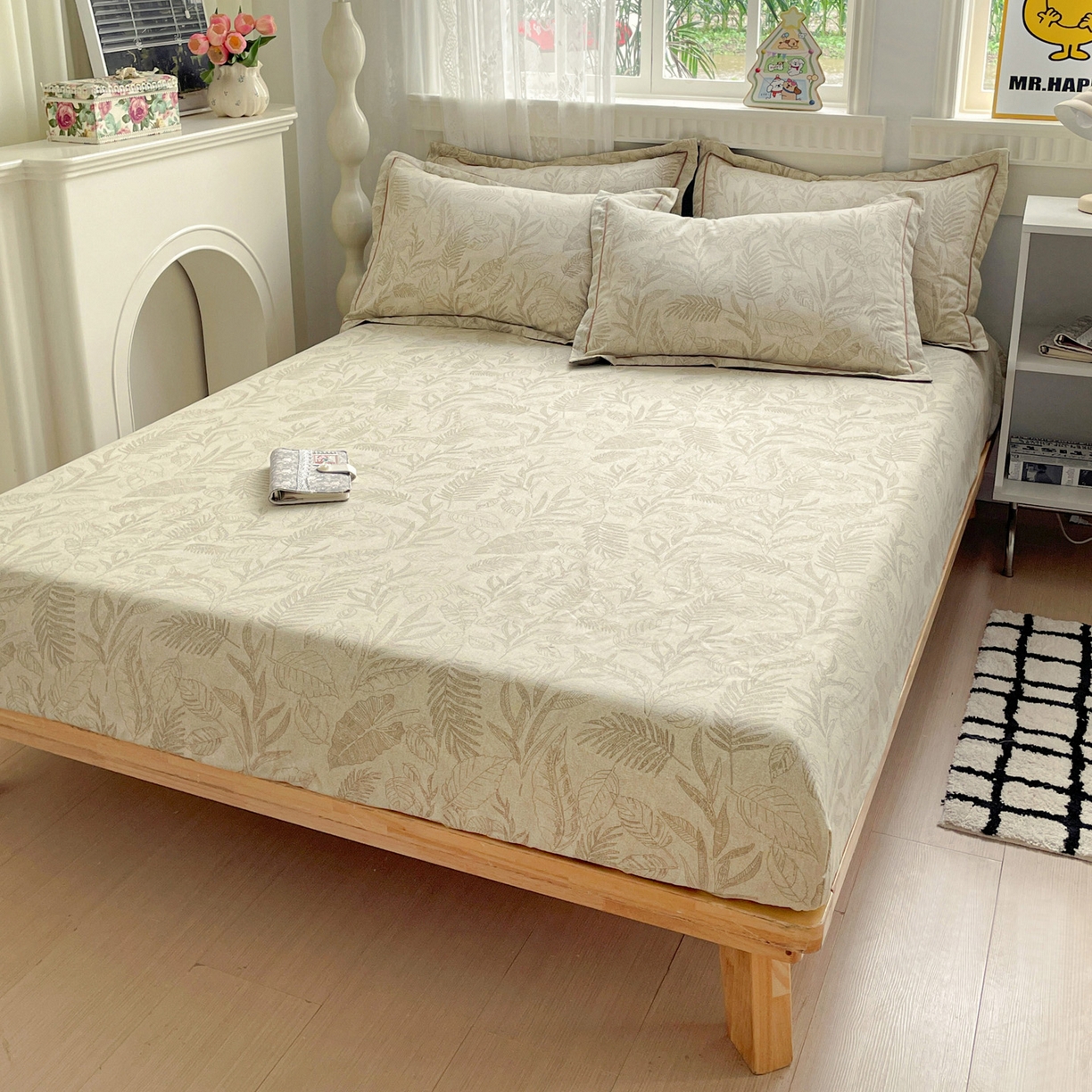 91家纺网 家纺一手货源 找家纺 纽缦家纺 2025新款全棉纯棉磨毛印花单床笠 床笠单件 叶之舞咖