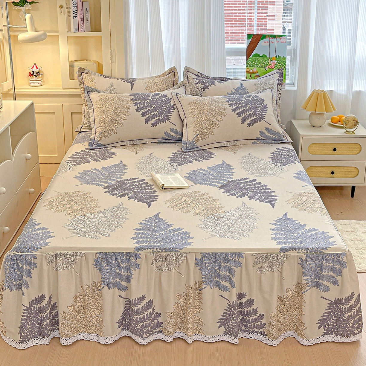 纽缦家纺 2025新款全棉纯棉磨毛印花单品床裙 床裙单件 岸边蒲草灰