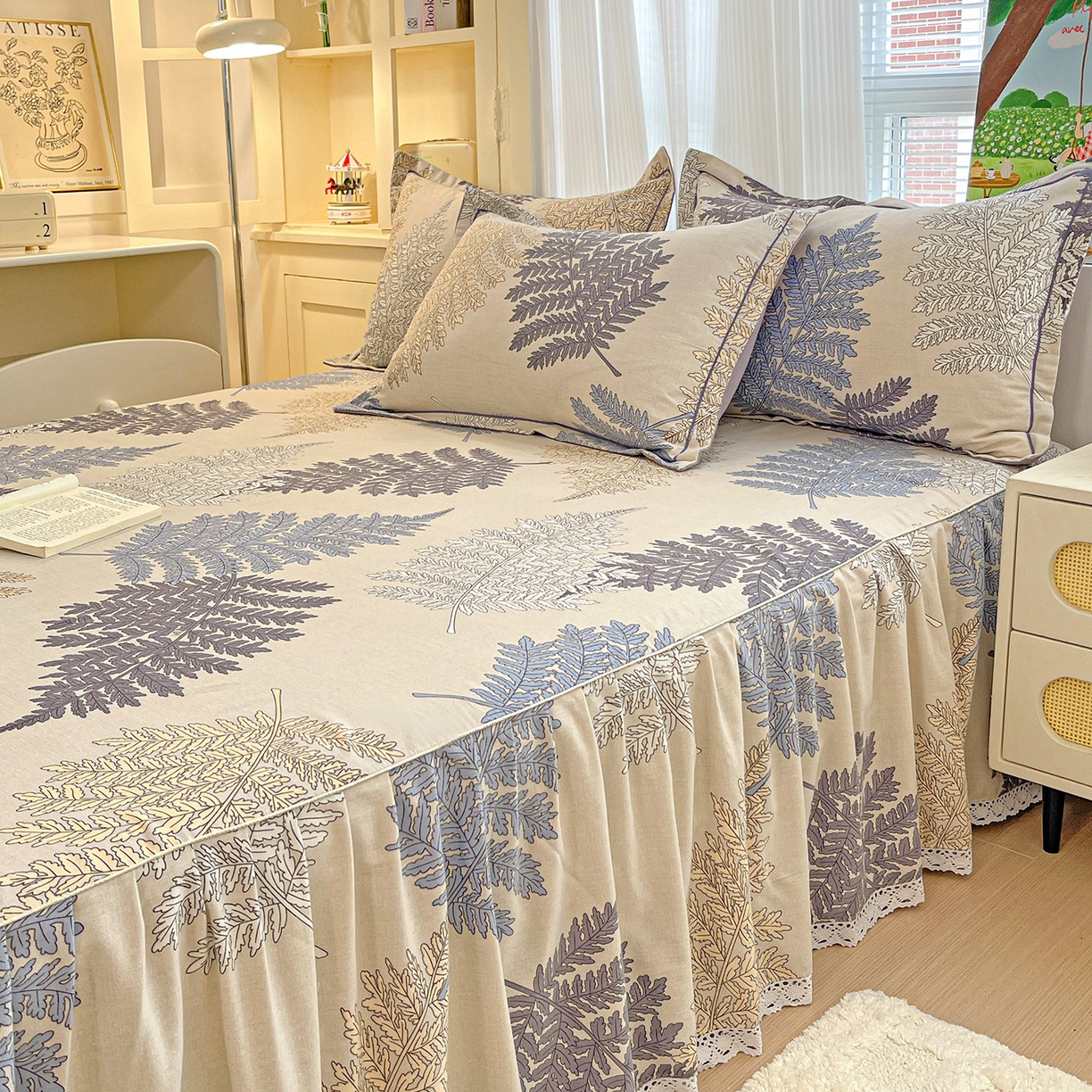 91家纺网 家纺一手货源 找家纺 纽缦家纺 2025新款全棉纯棉磨毛印花单品床裙 床裙单件 岸边蒲草灰