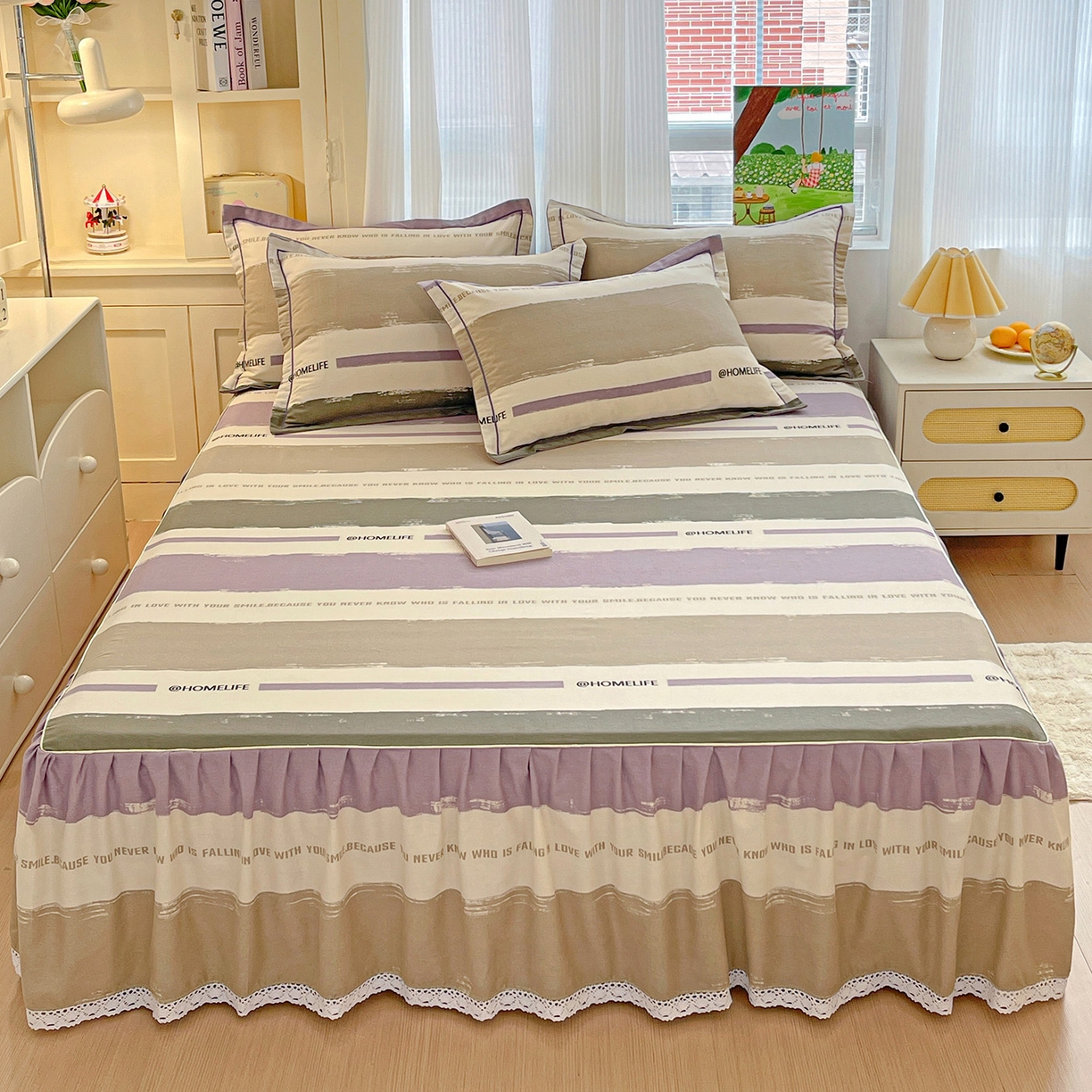 纽缦家纺 2025新款全棉纯棉磨毛印花单品床裙 床裙单件 畅想灰