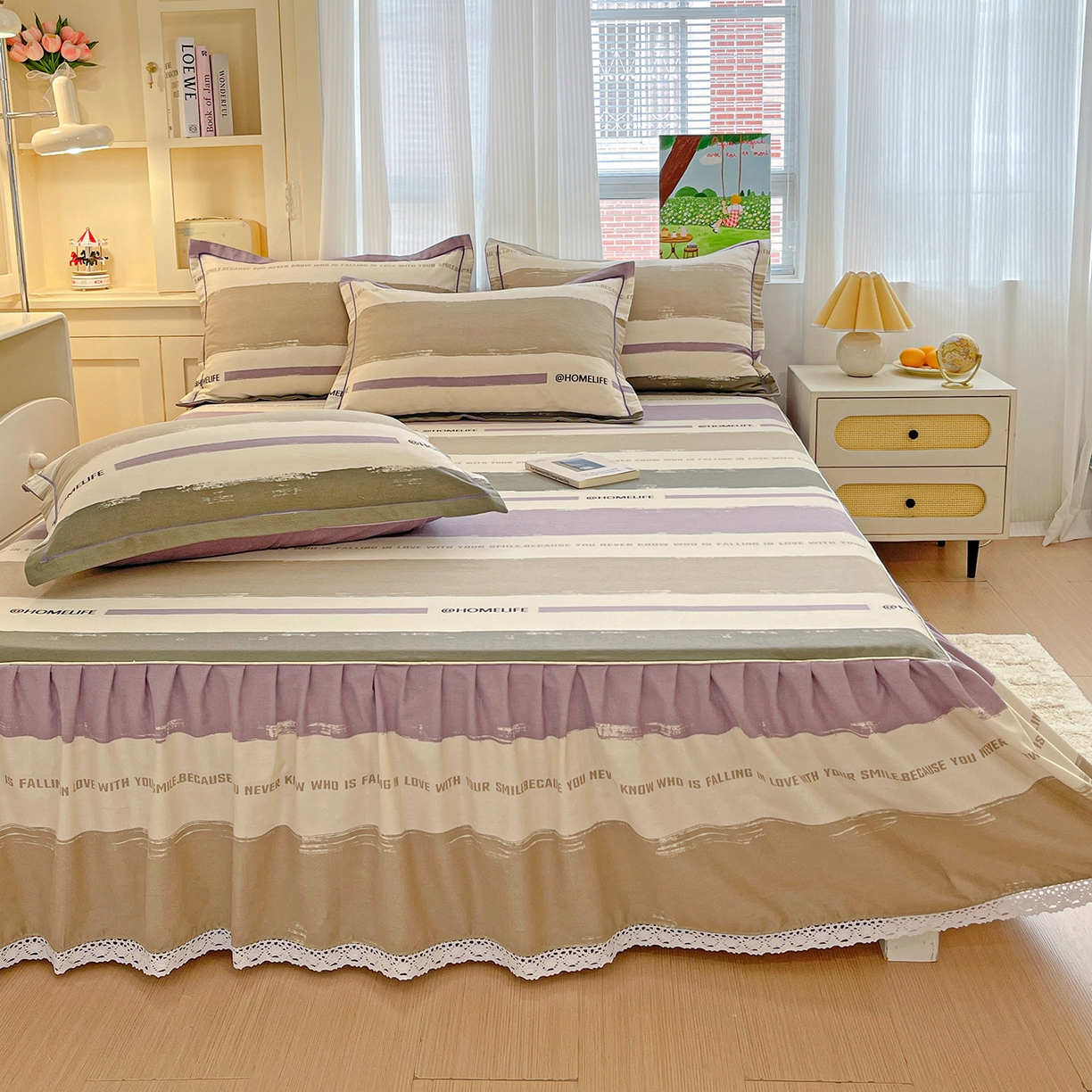 91家纺网 家纺一手货源 找家纺 纽缦家纺 2025新款全棉纯棉磨毛印花单品床裙 床裙单件 畅想灰