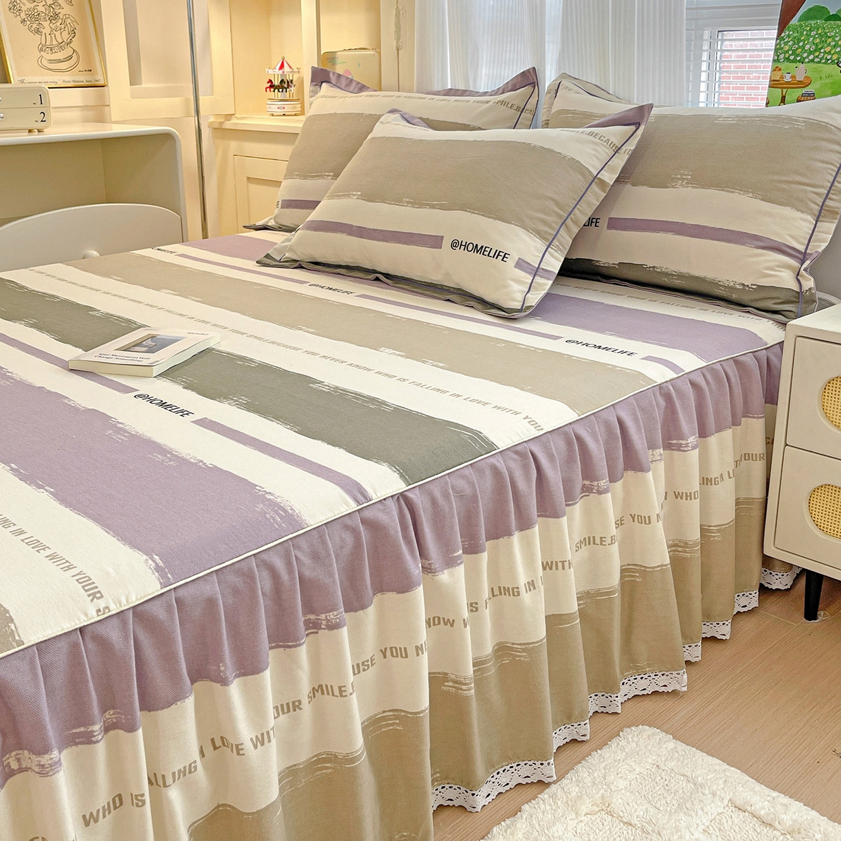 91家纺网 家纺一手货源 找家纺 纽缦家纺 2025新款全棉纯棉磨毛印花单品床裙 床裙单件 畅想灰