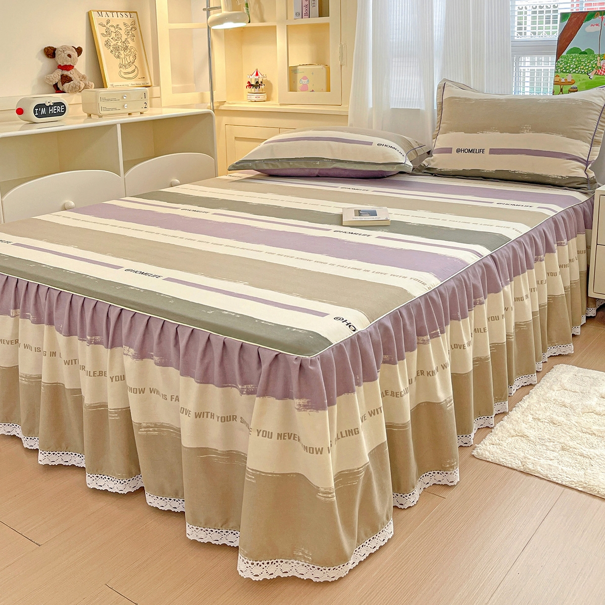 91家纺网 家纺一手货源 找家纺 纽缦家纺 2025新款全棉纯棉磨毛印花单品床裙 床裙单件 畅想灰