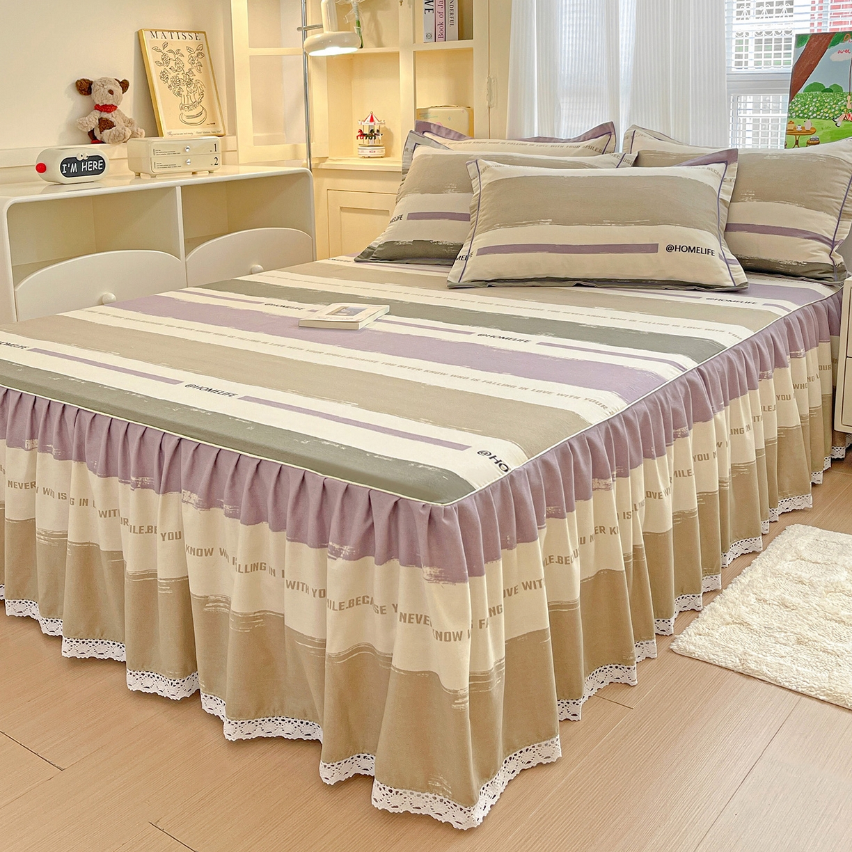 91家纺网 家纺一手货源 找家纺 纽缦家纺 2025新款全棉纯棉磨毛印花单品床裙 床裙单件 畅想灰