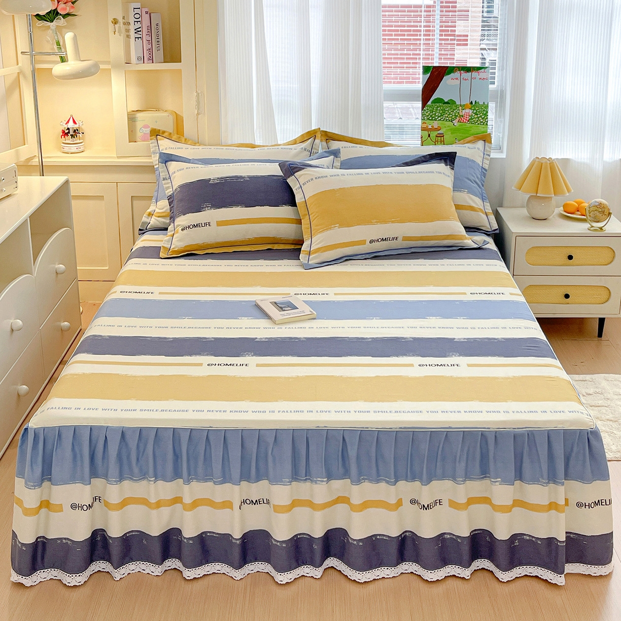 纽缦家纺 2025新款全棉纯棉磨毛印花单品床裙 床裙单件 畅想蓝