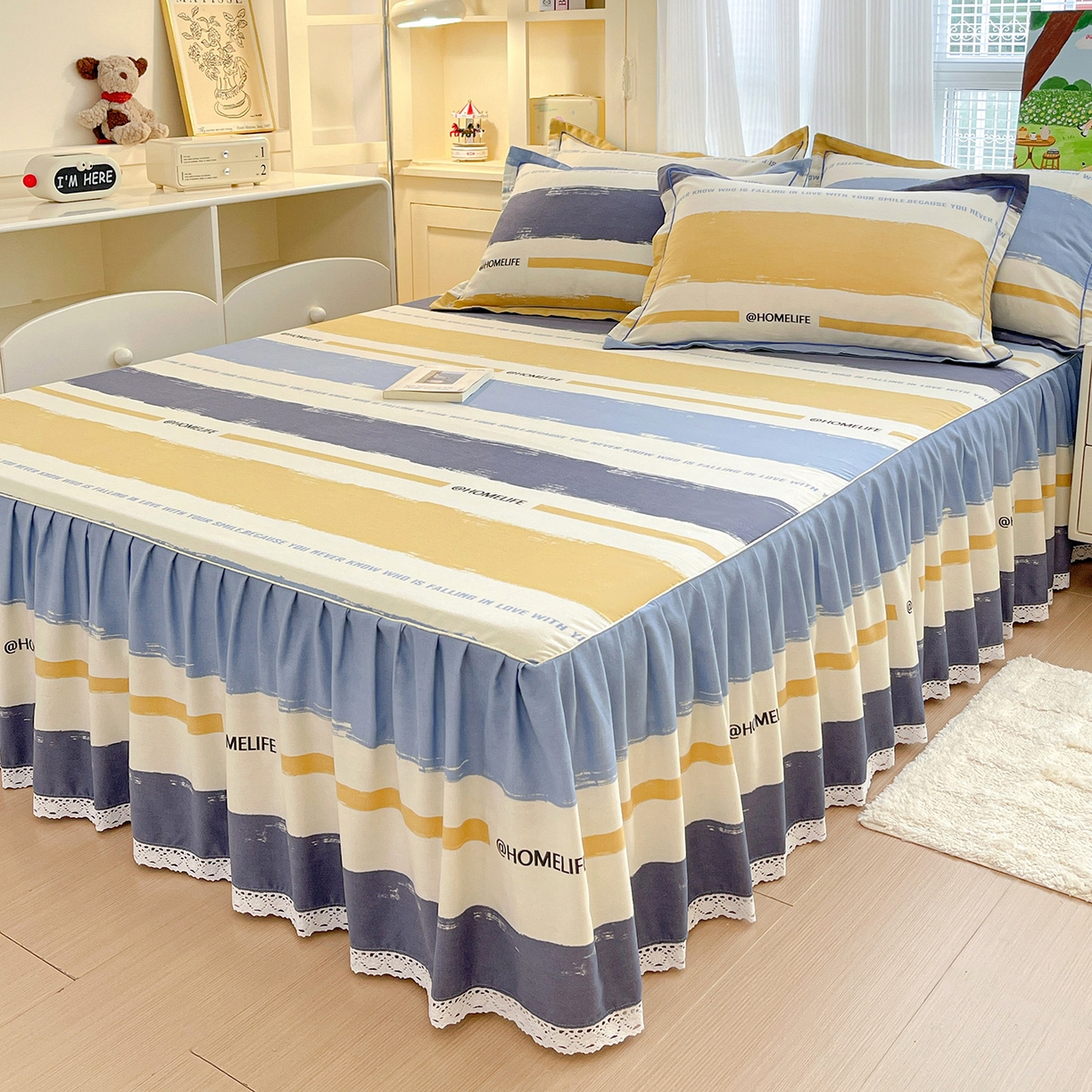 91家纺网 家纺一手货源 找家纺 纽缦家纺 2025新款全棉纯棉磨毛印花单品床裙 床裙单件 畅想蓝