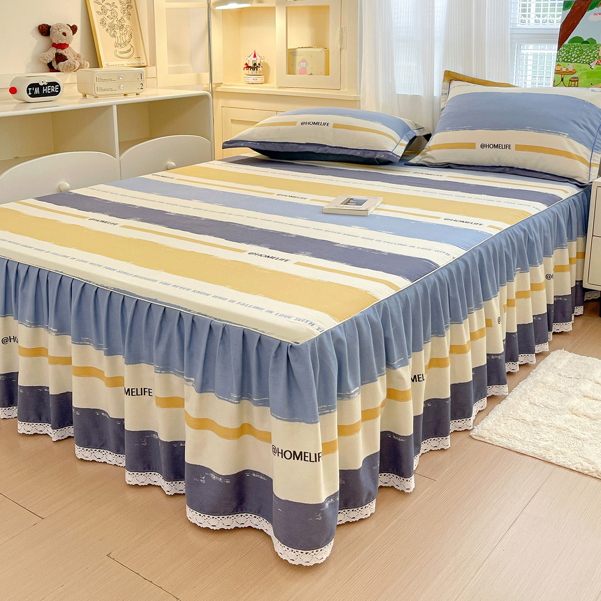 91家纺网 家纺一手货源 找家纺 纽缦家纺 2025新款全棉纯棉磨毛印花单品床裙 床裙单件 畅想蓝