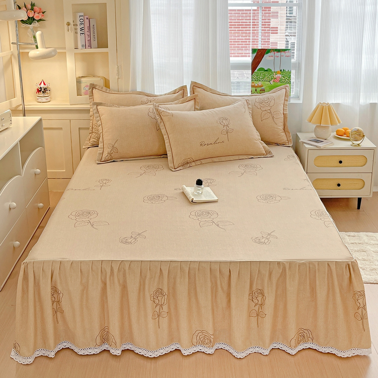 纽缦家纺 2025新款全棉纯棉磨毛印花单品床裙 床裙单件 法风玫瑰咖