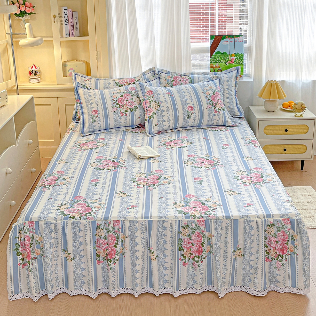 纽缦家纺 2025新款全棉纯棉磨毛印花单品床裙 床裙单件 法芙娜蓝