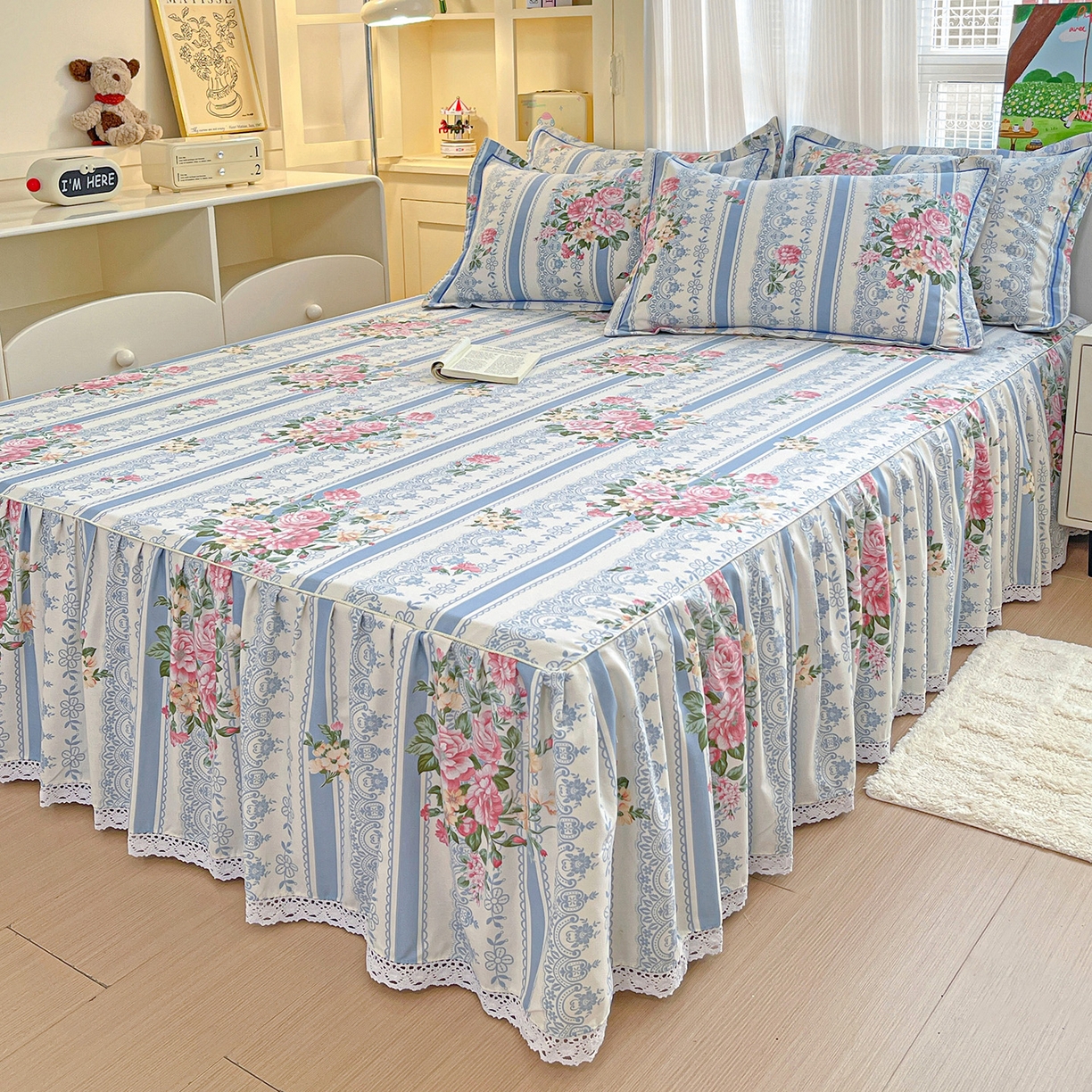 91家纺网 家纺一手货源 找家纺 纽缦家纺 2025新款全棉纯棉磨毛印花单品床裙 床裙单件 法芙娜蓝