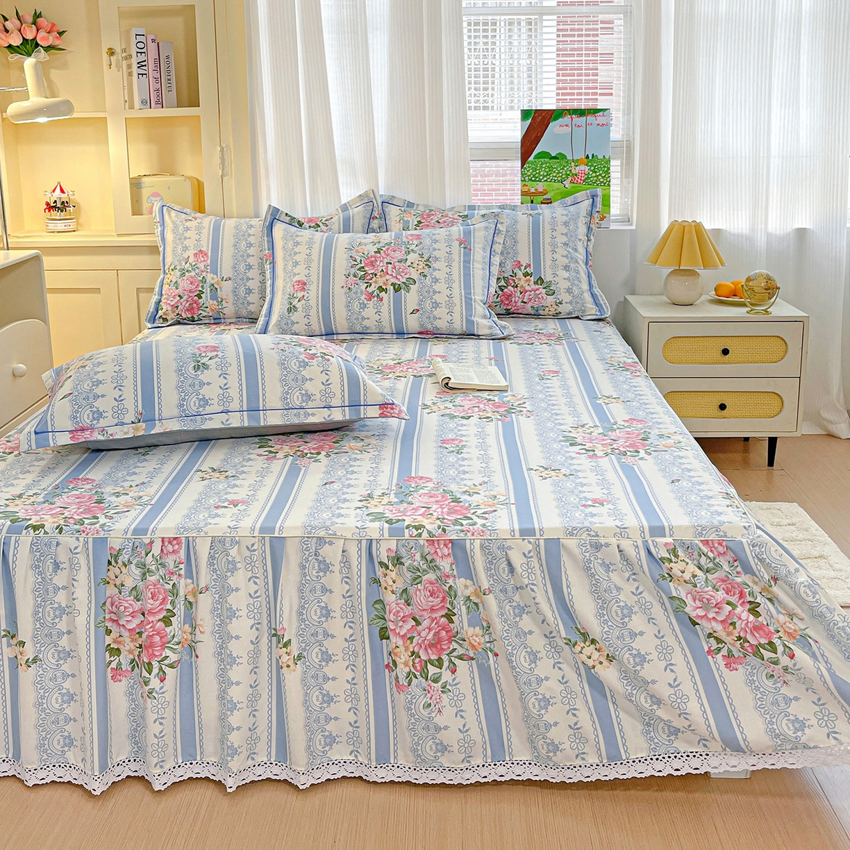 91家纺网 家纺一手货源 找家纺 纽缦家纺 2025新款全棉纯棉磨毛印花单品床裙 床裙单件 法芙娜蓝