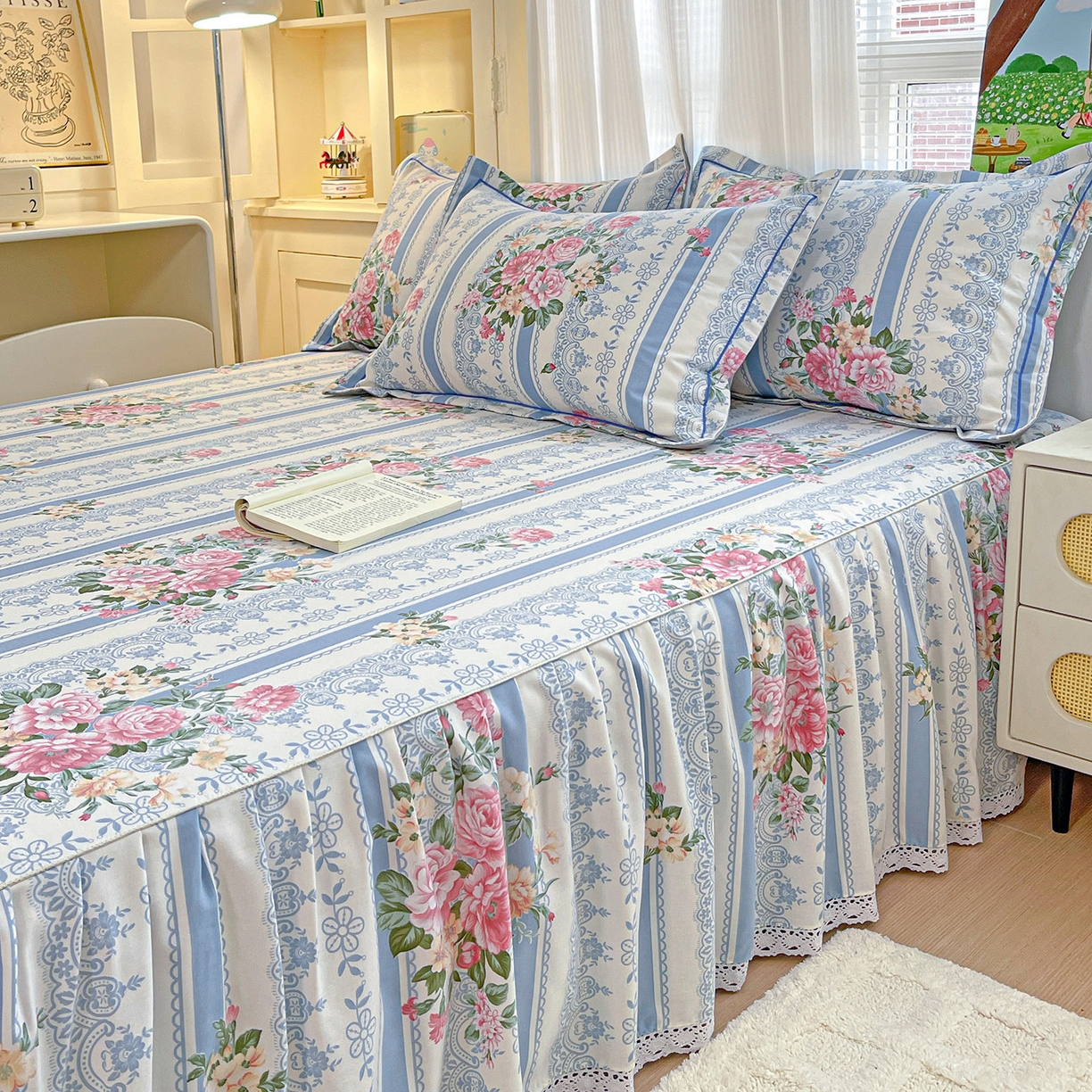 91家纺网 家纺一手货源 找家纺 纽缦家纺 2025新款全棉纯棉磨毛印花单品床裙 床裙单件 法芙娜蓝