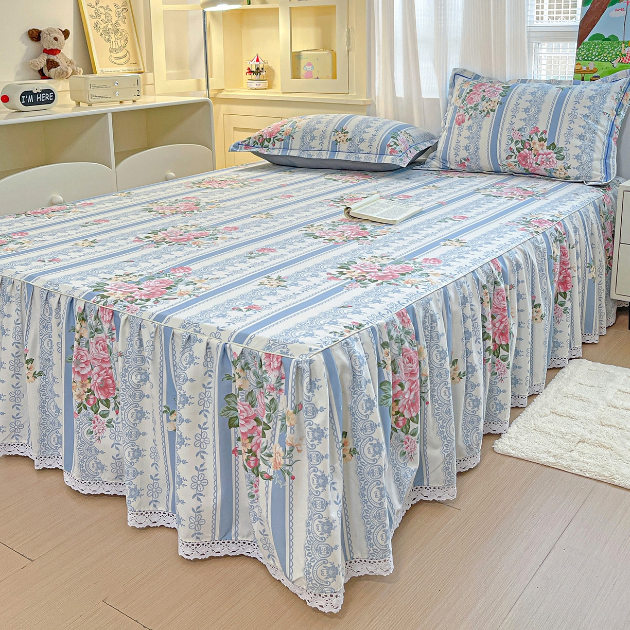 91家纺网 家纺一手货源 找家纺 纽缦家纺 2025新款全棉纯棉磨毛印花单品床裙 床裙单件 法芙娜蓝