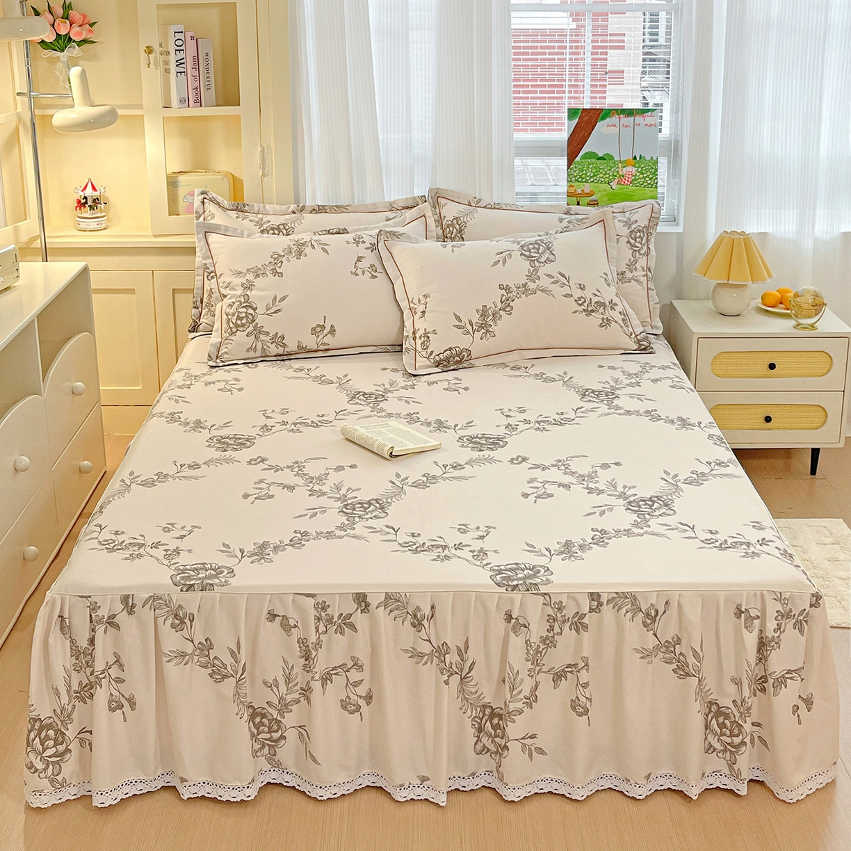 纽缦家纺 2025新款全棉纯棉磨毛印花单品床裙 床裙单件 复古花意灰