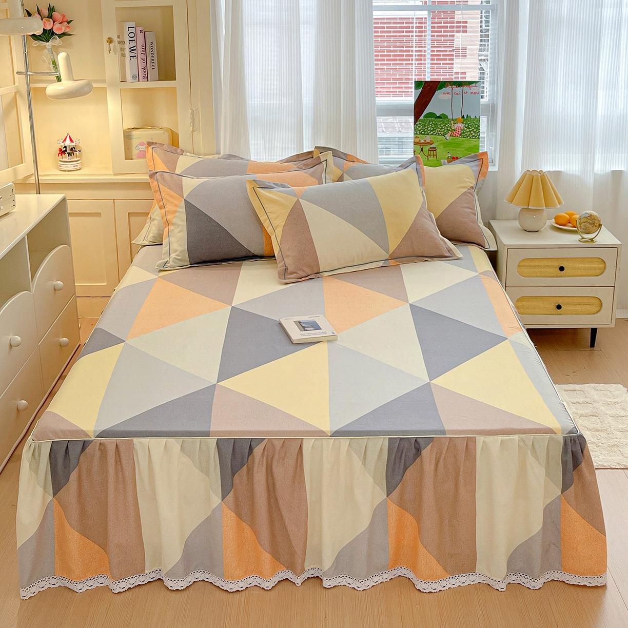 纽缦家纺 2025新款全棉纯棉磨毛印花单品床裙 床裙单件 几何神话桔