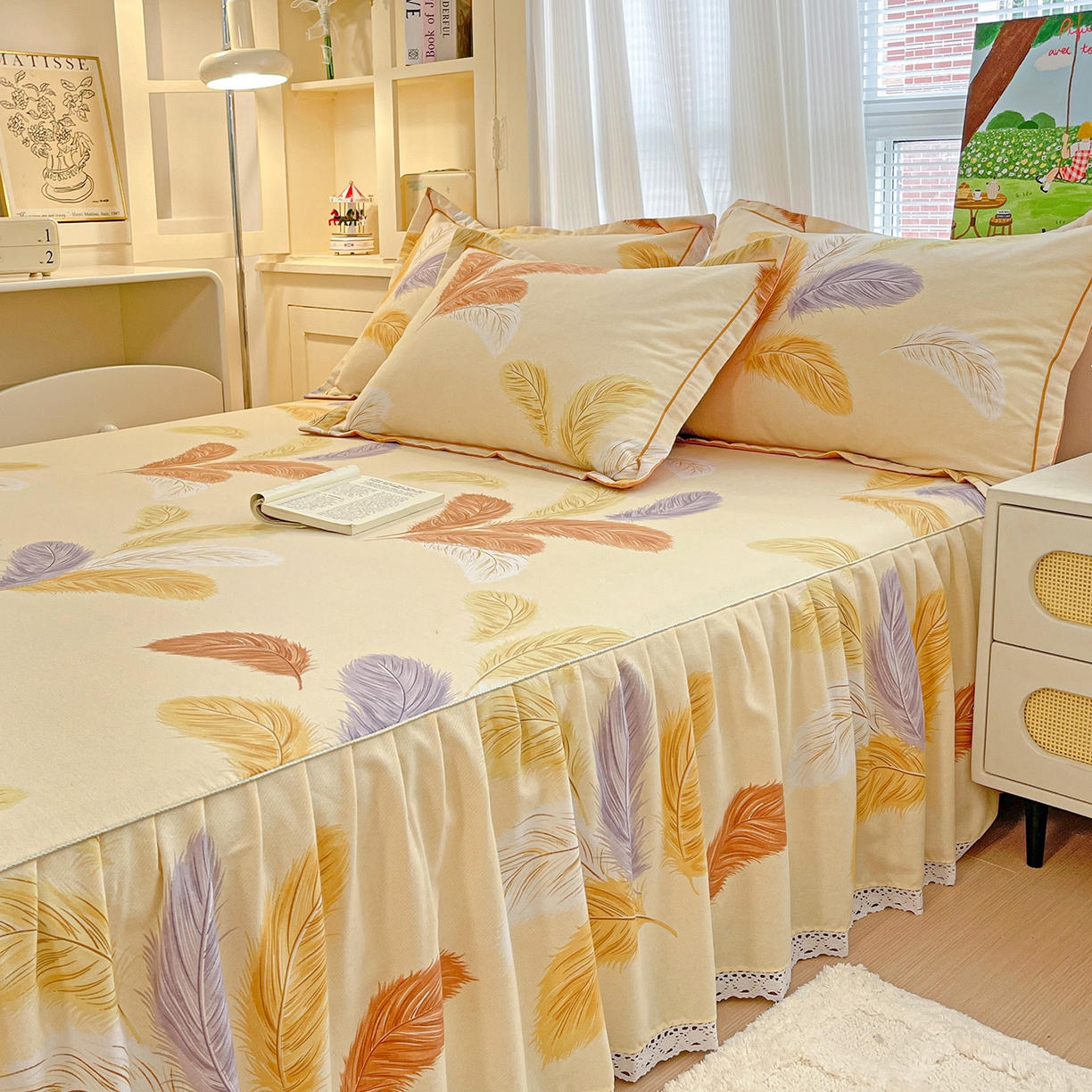 91家纺网 家纺一手货源 找家纺 纽缦家纺 2025新款全棉纯棉磨毛印花单品床裙 床裙单件 加州阳光米