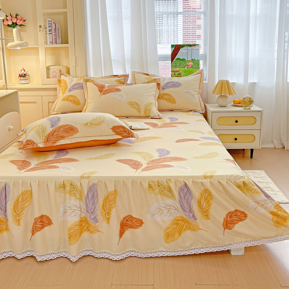 91家纺网 家纺一手货源 找家纺 纽缦家纺 2025新款全棉纯棉磨毛印花单品床裙 床裙单件 加州阳光米