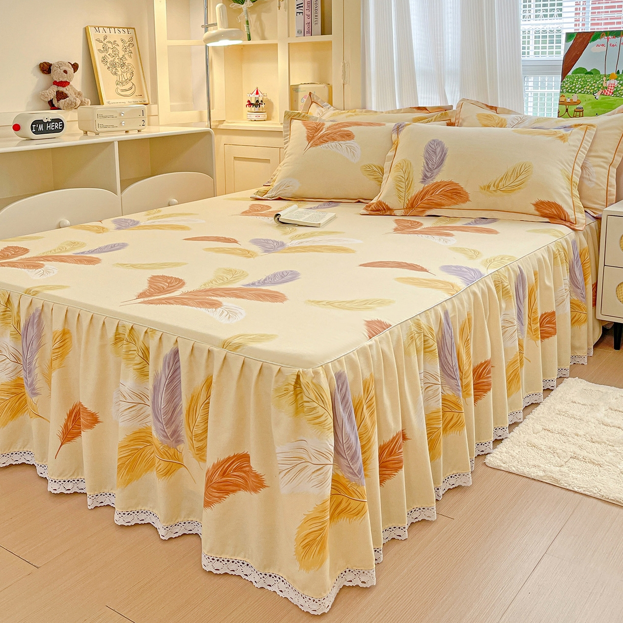 91家纺网 家纺一手货源 找家纺 纽缦家纺 2025新款全棉纯棉磨毛印花单品床裙 床裙单件 加州阳光米