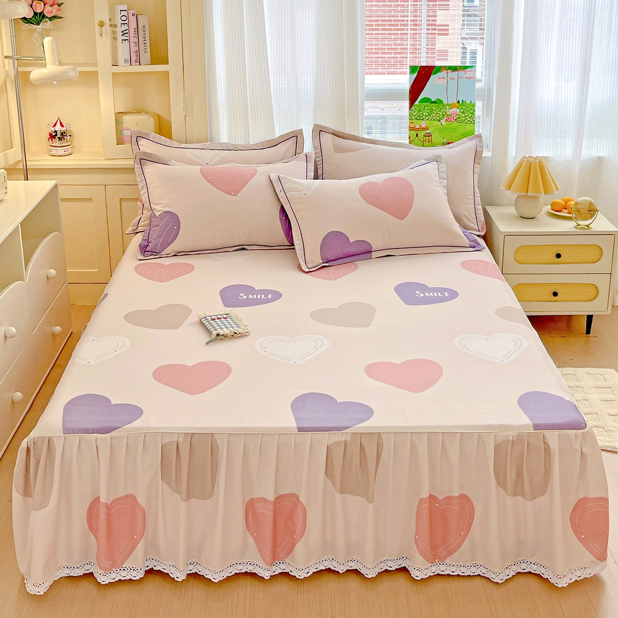 纽缦家纺 2025新款全棉纯棉磨毛印花单品床裙 床裙单件 浪漫心事粉