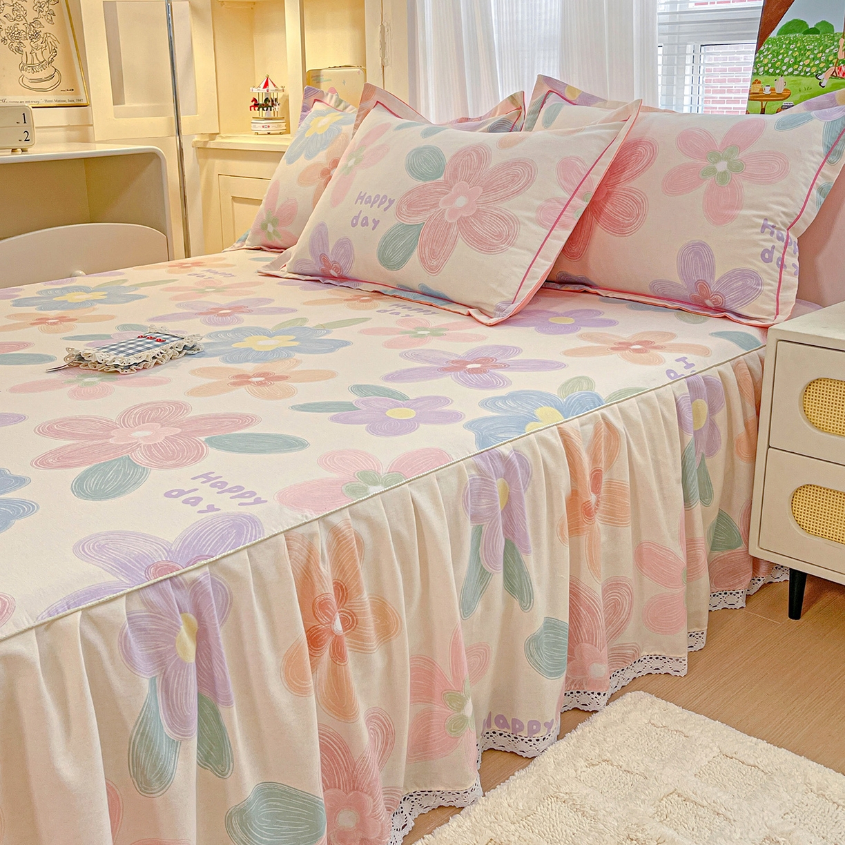 91家纺网 家纺一手货源 找家纺 纽缦家纺 2025新款全棉纯棉磨毛印花单品床裙 床裙单件 洛城时光