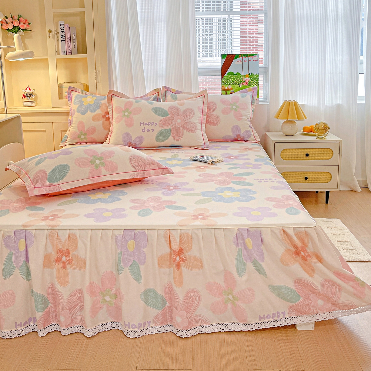 91家纺网 家纺一手货源 找家纺 纽缦家纺 2025新款全棉纯棉磨毛印花单品床裙 床裙单件 洛城时光