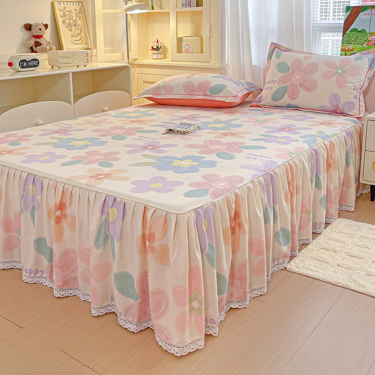 91家纺网 家纺一手货源 找家纺 纽缦家纺 2025新款全棉纯棉磨毛印花单品床裙 床裙单件 洛城时光