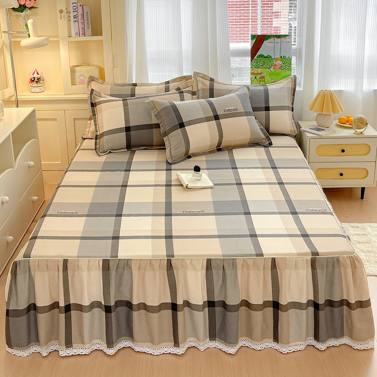 纽缦家纺 2025新款全棉纯棉磨毛印花单品床裙 床裙单件 曼迪咖