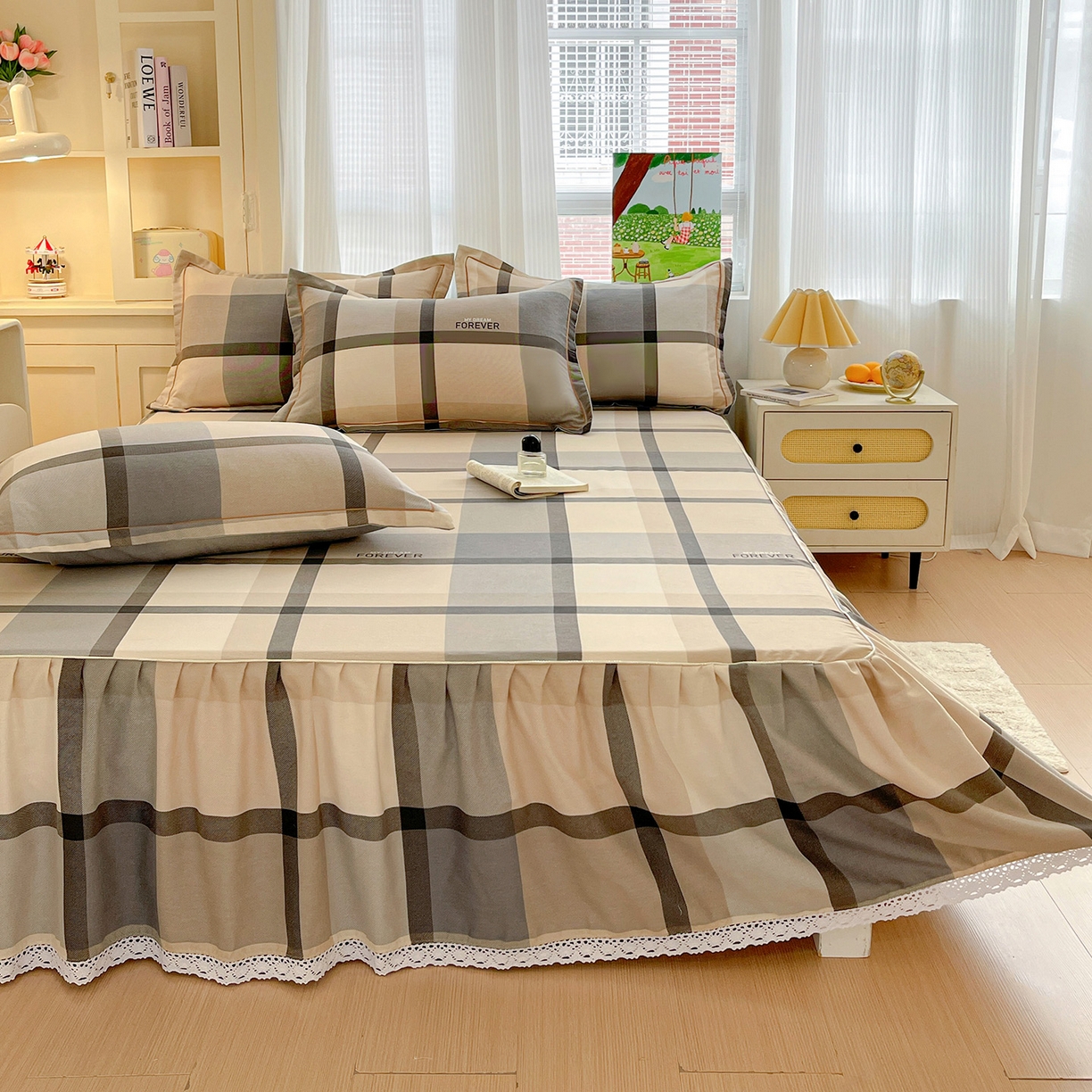 91家纺网 家纺一手货源 找家纺 纽缦家纺 2025新款全棉纯棉磨毛印花单品床裙 床裙单件 曼迪咖