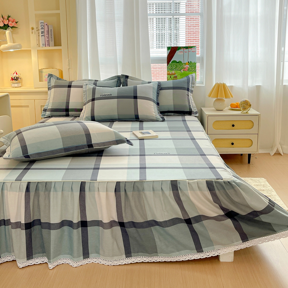 91家纺网 家纺一手货源 找家纺 纽缦家纺 2025新款全棉纯棉磨毛印花单品床裙 床裙单件 曼迪蓝