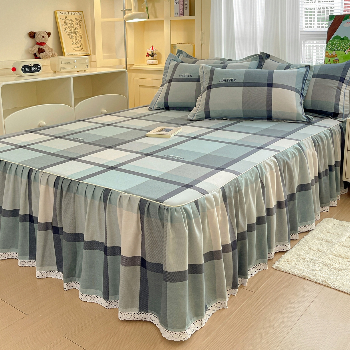 91家纺网 家纺一手货源 找家纺 纽缦家纺 2025新款全棉纯棉磨毛印花单品床裙 床裙单件 曼迪蓝