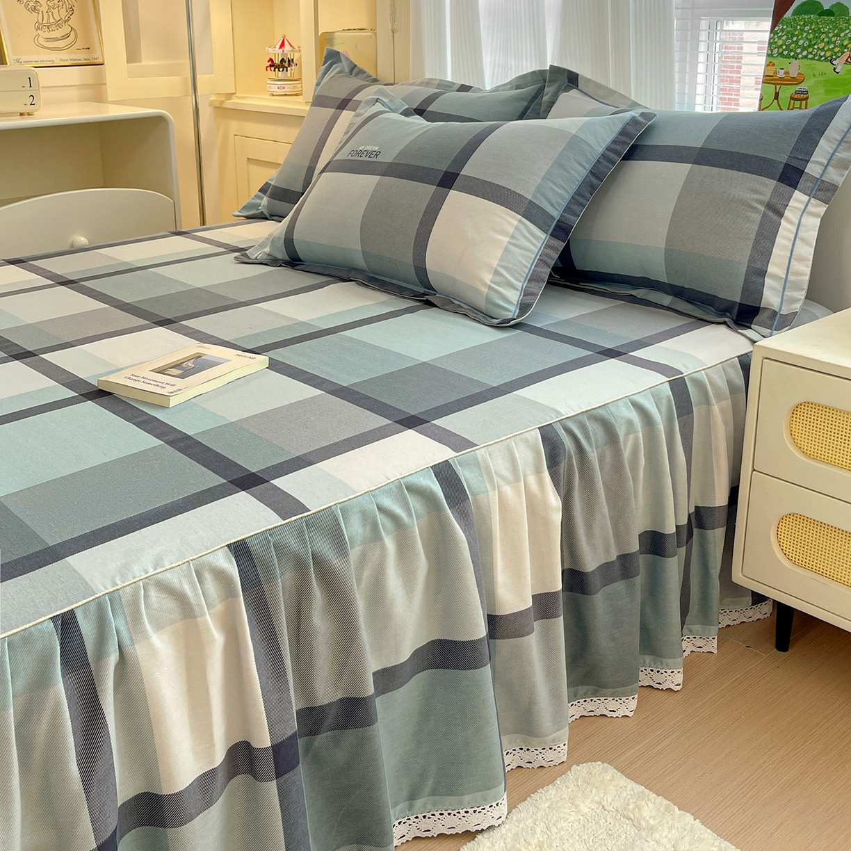 91家纺网 家纺一手货源 找家纺 纽缦家纺 2025新款全棉纯棉磨毛印花单品床裙 床裙单件 曼迪蓝