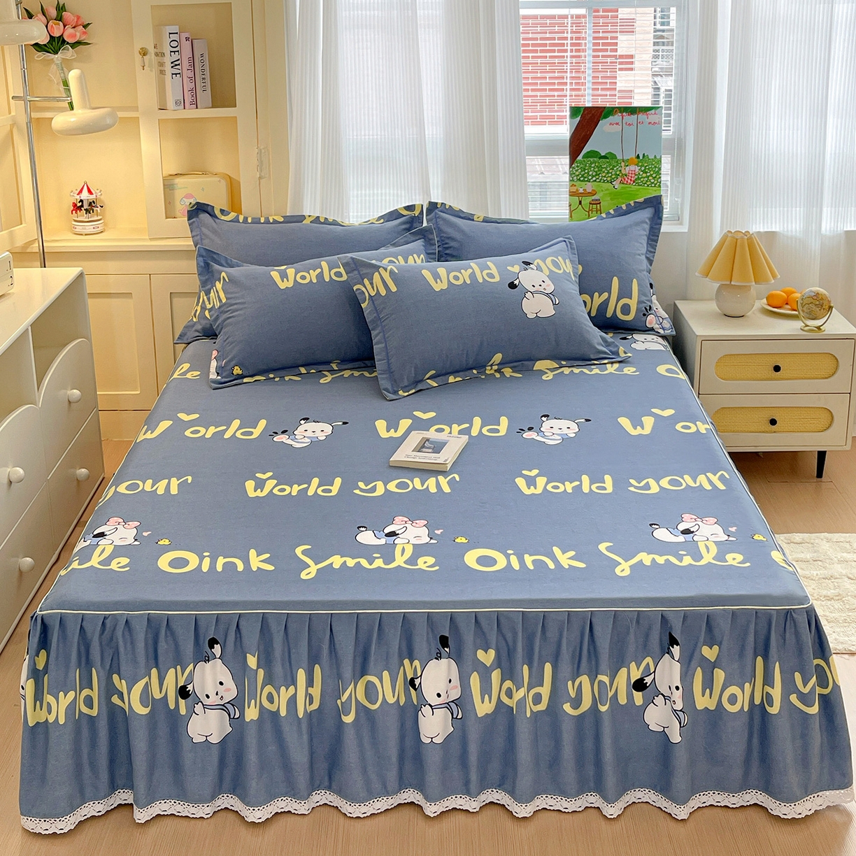纽缦家纺 2025新款全棉纯棉磨毛印花单品床裙 床裙单件 萌宠宝贝蓝