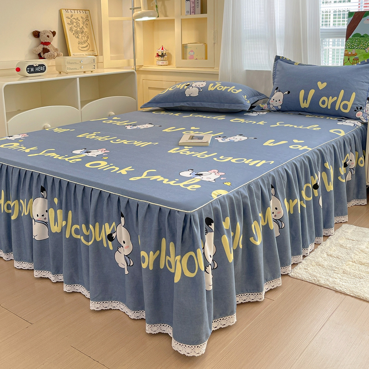 91家纺网 家纺一手货源 找家纺 纽缦家纺 2025新款全棉纯棉磨毛印花单品床裙 床裙单件 萌宠宝贝蓝